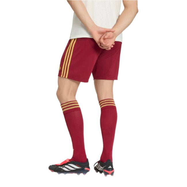 A person wearing maroon soccer shorts with three gold stripes, matching maroon knee-high socks with gold stripes, and soccer cleats against a plain white background.