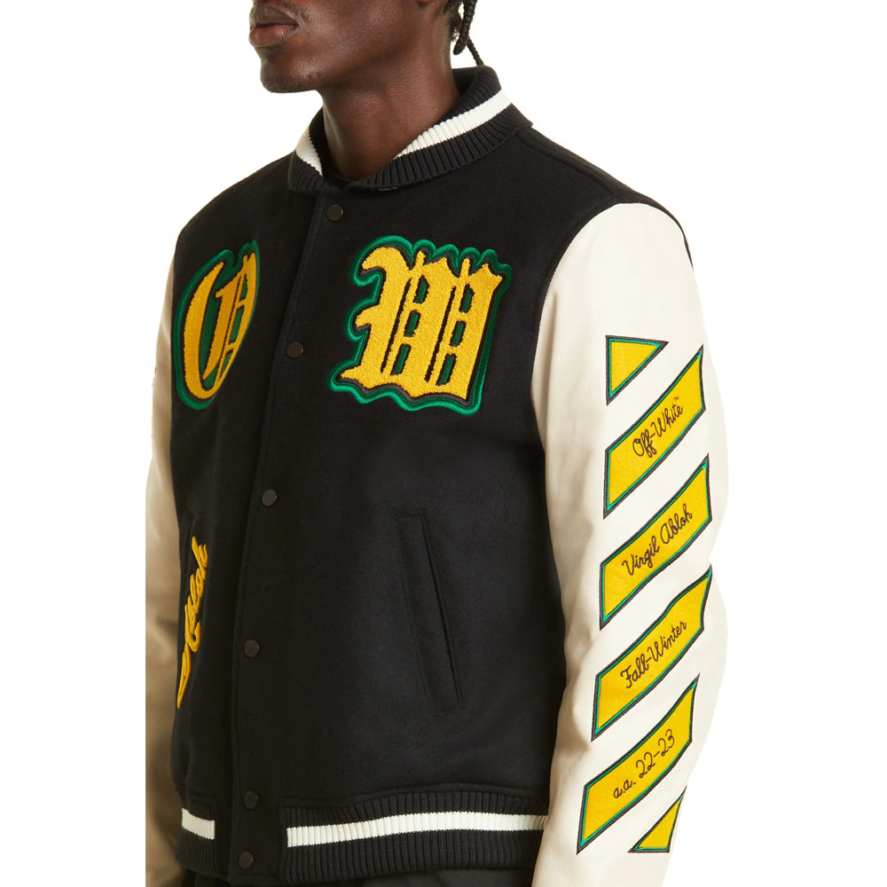 Black Wizard Leather Wool Varsity Jacket