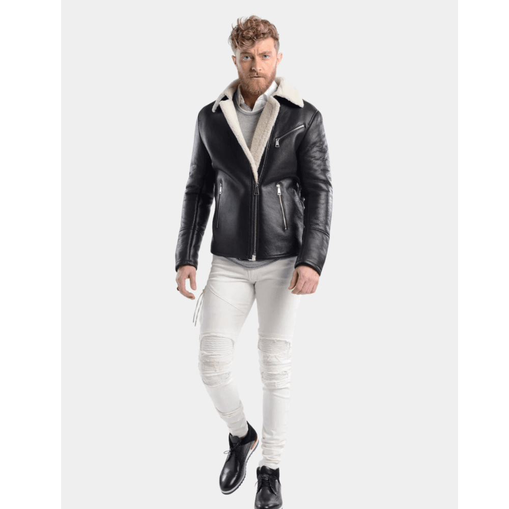 Stylish Black Leather Shearling Aviator Jacket - CoreFlexInd