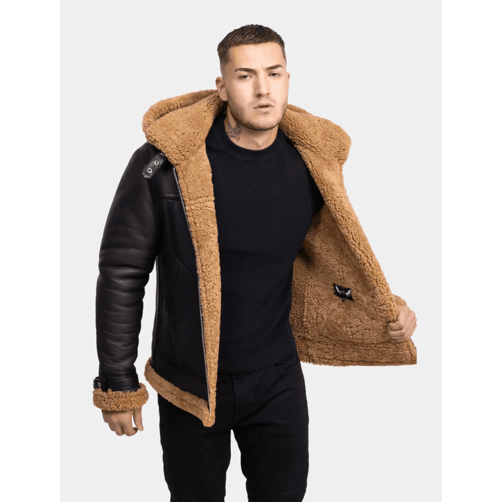 Classy Brown Leather Shearling Hooded Aviator Jacket - CoreFlexInd