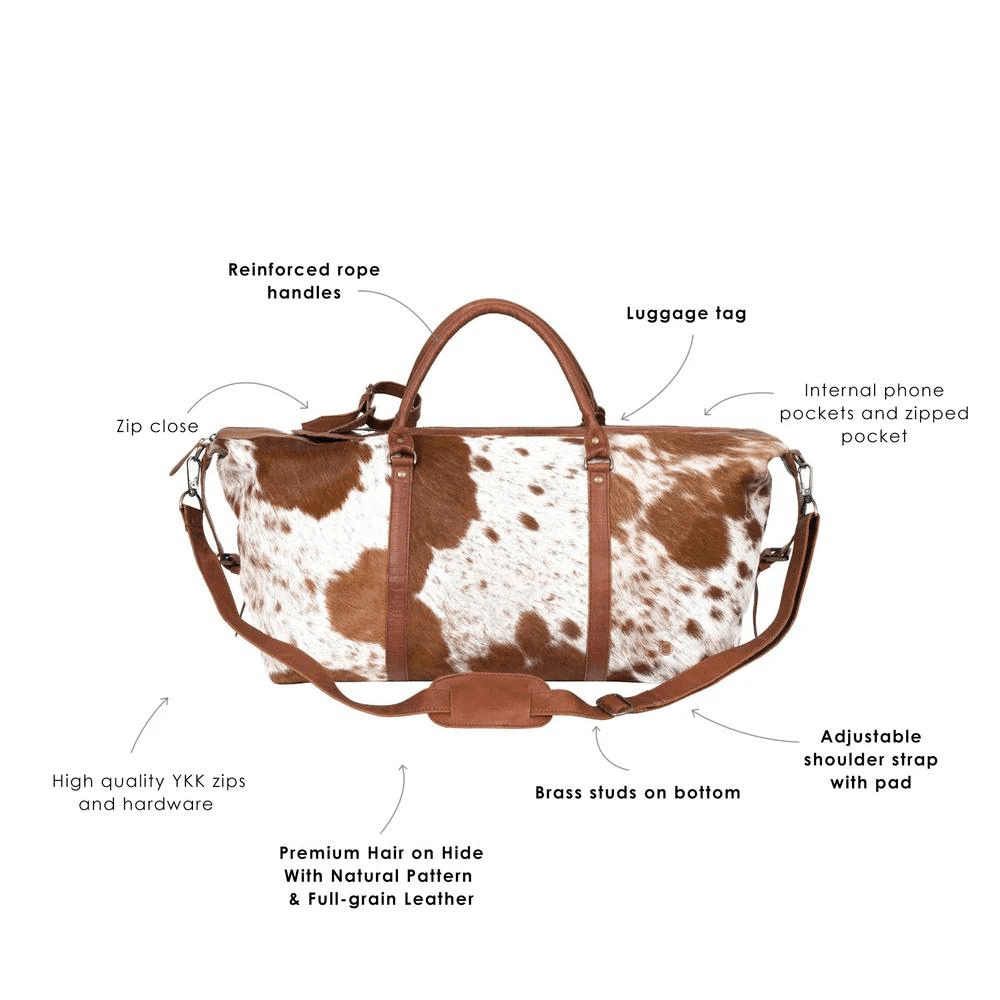 Brown and White Cowhide Leather Duffle Bag - CoreFlexInd