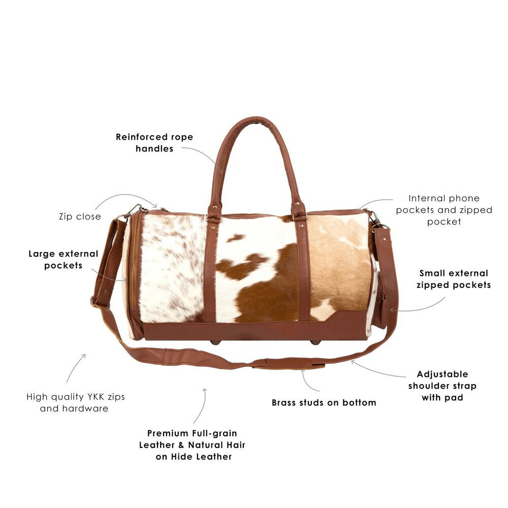 Brown and White Natural Cowhide Leather Columbus Weekender - CoreFlexInd