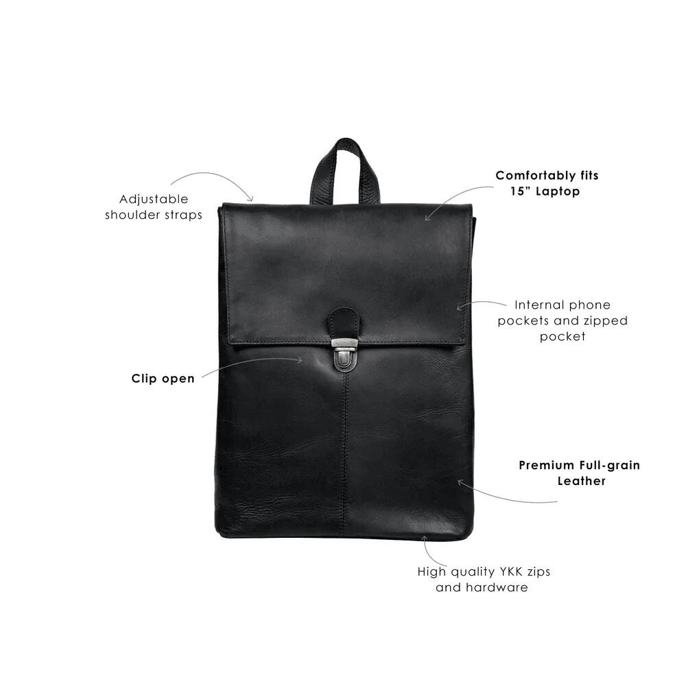 Black Premium Leather Bag Clip Up Backpack - CoreFlexInd