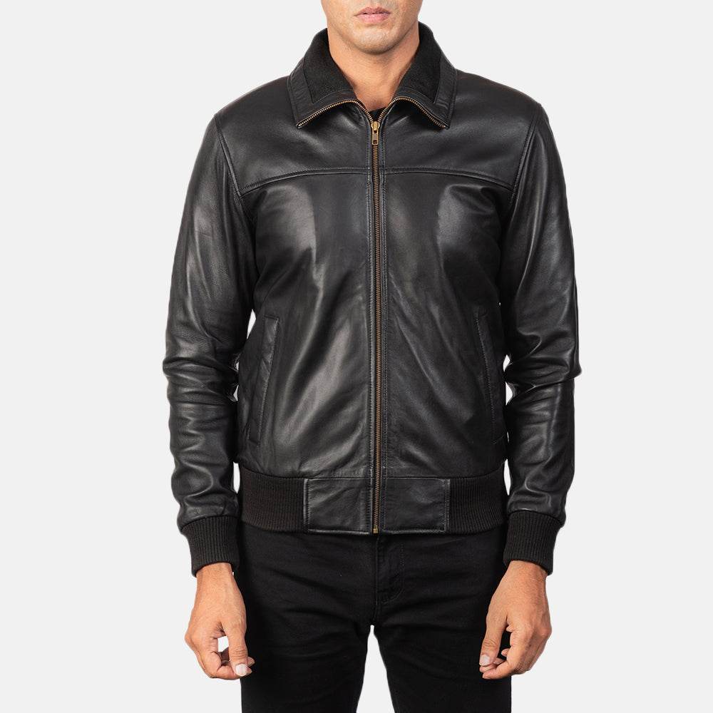 Air Rolf Black Leather Bomber Jacket - CoreFlexInd