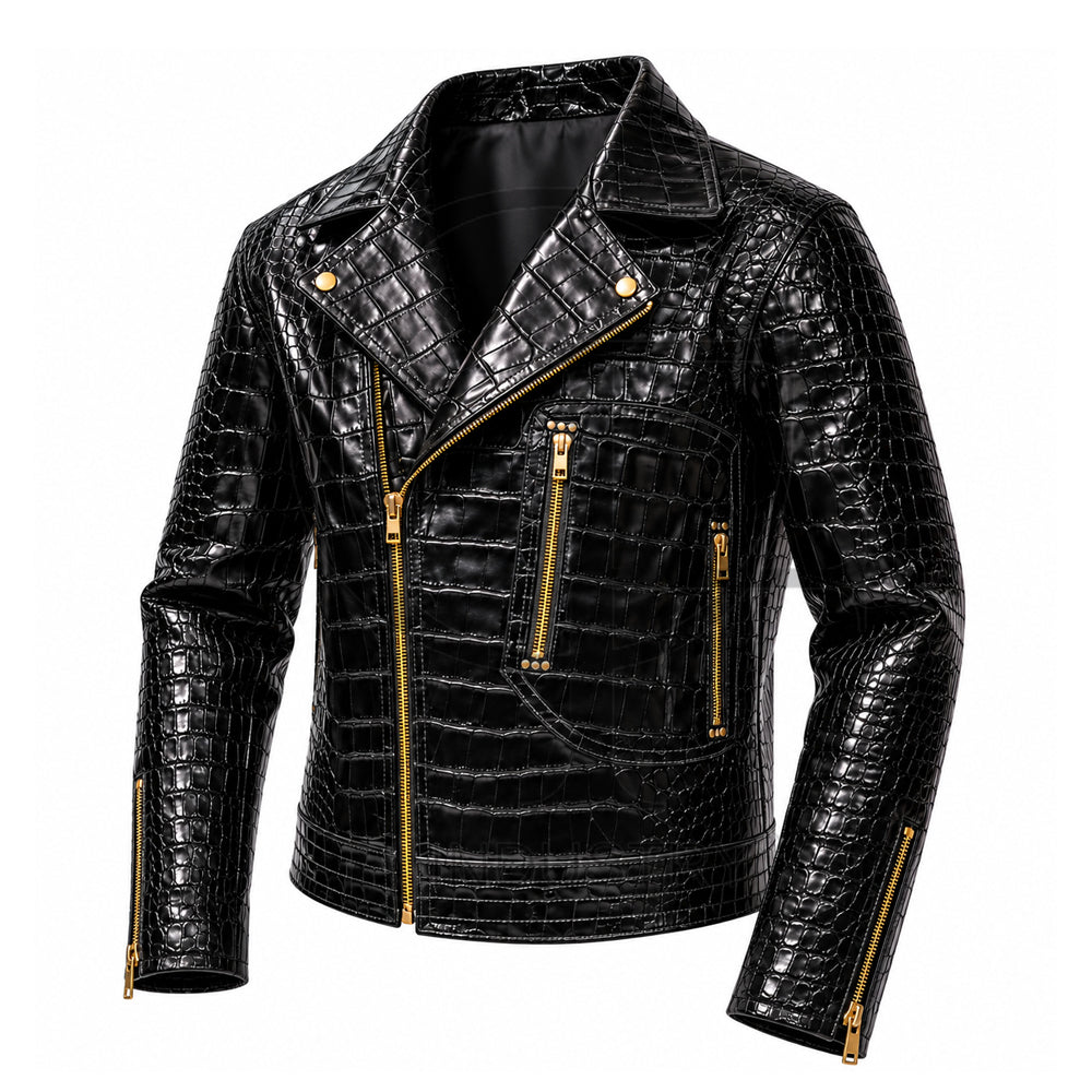 Black Crocodile Leather Biker Jacket