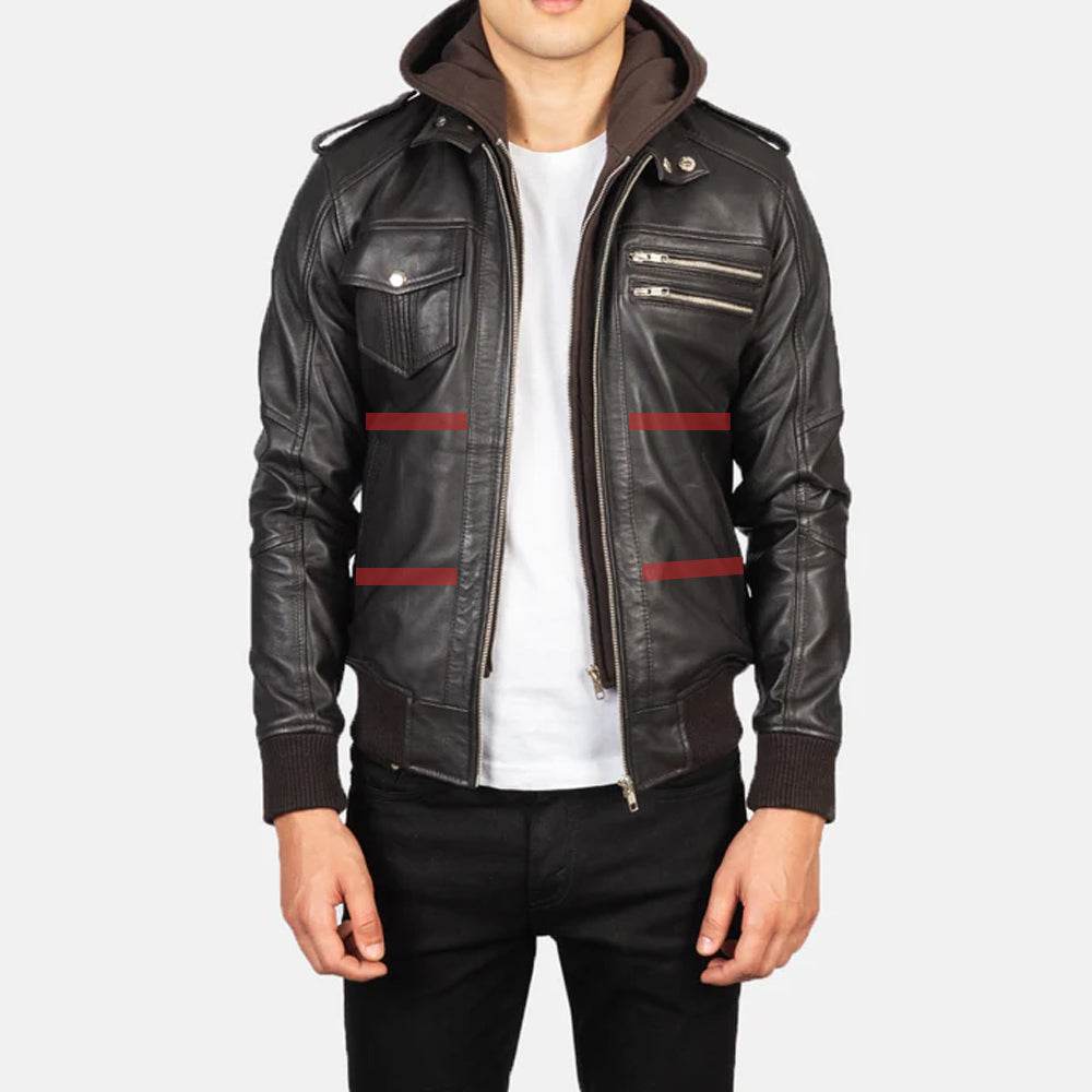 Black Hooded Leather Jacket With Red Stripes - CoreFlexInd