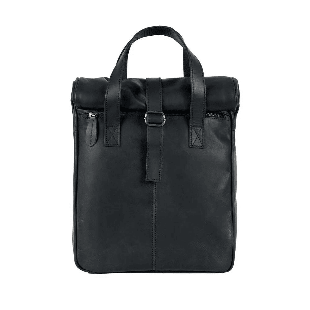 Black Leather Vintage Style Roll Top Backpack