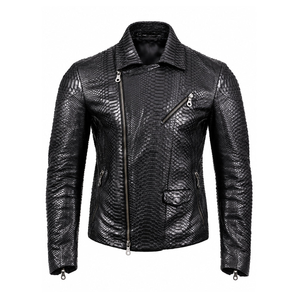 Black Python Textured Leather Biker Jacket