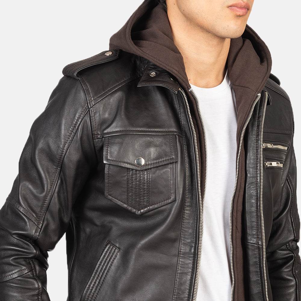 Black Hooded Leather Jacket - CoreFlexInd