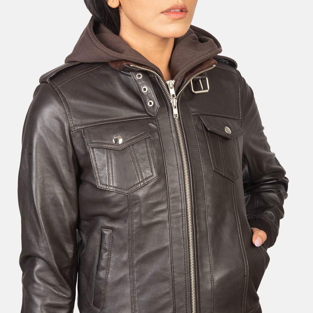 Brown Hooded Leather Bomber Jacket - CoreFlexInd