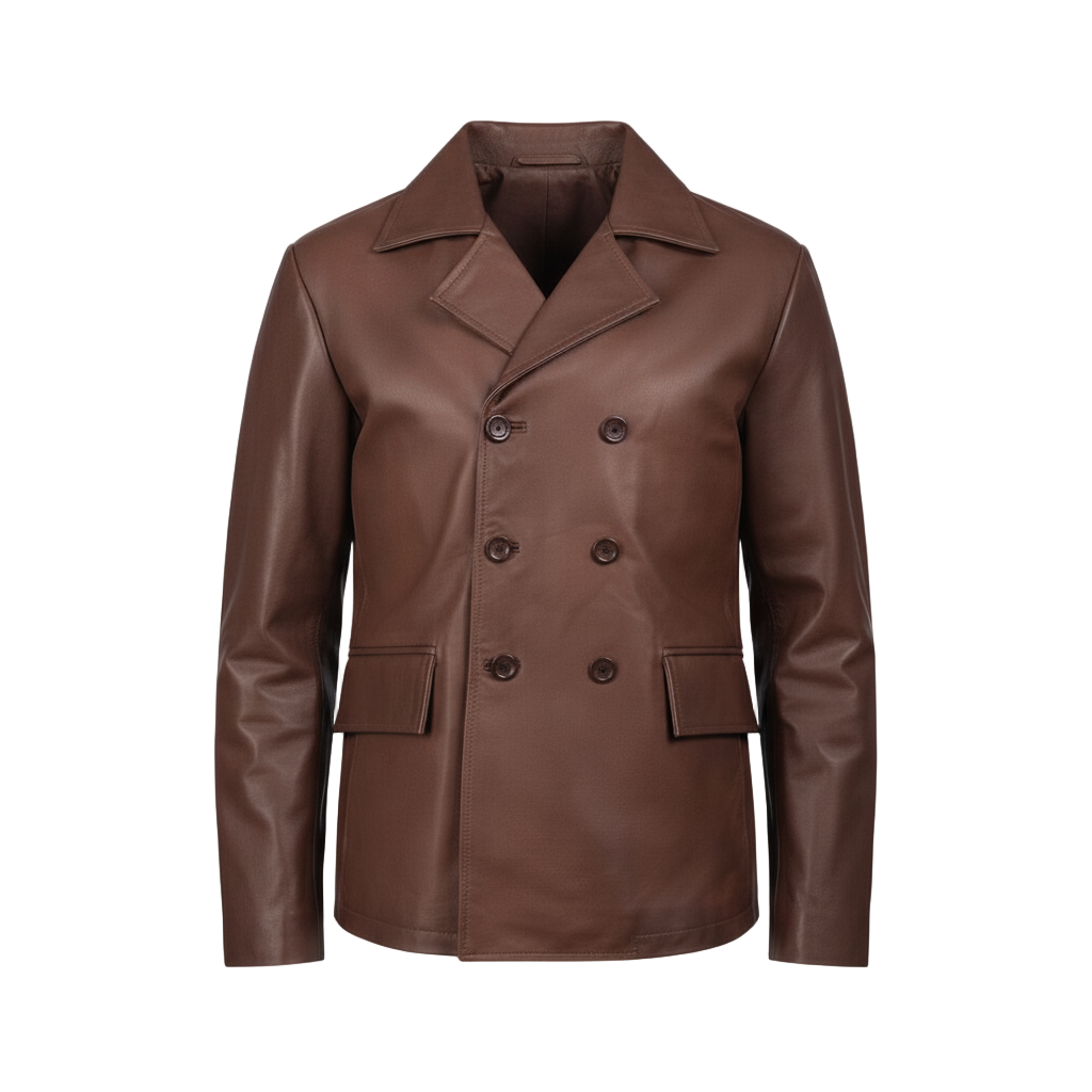 leather dress coats for men Men Brown Leather Naval Peacoat