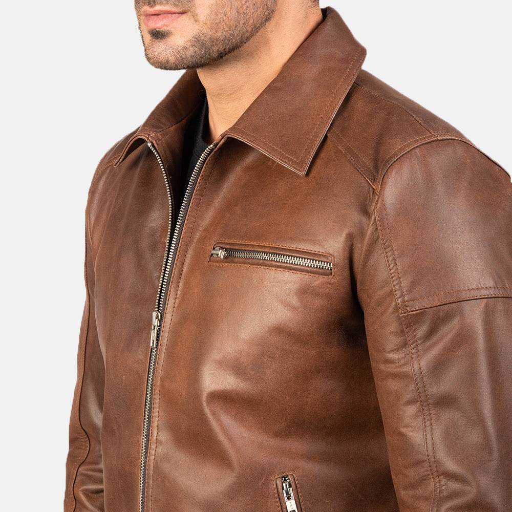 Cedarwood Brown Leather Biker Jacket - CoreFlexInd