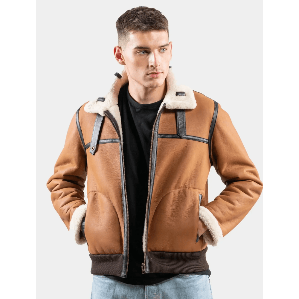 Classic Tan Brown Leather Shearling Aviator Jacket - CoreFlexInd