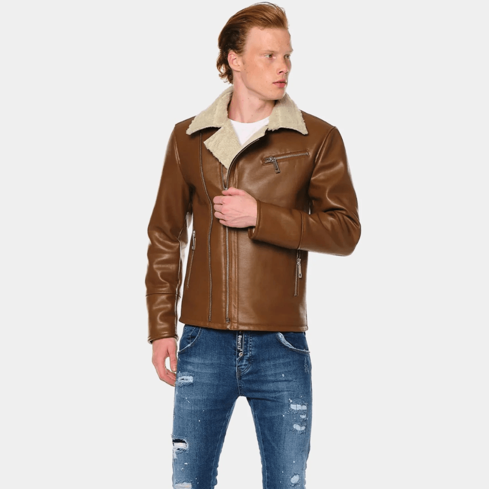 Classic Tan Leather Shearling Biker Jacket - CoreFlexInd