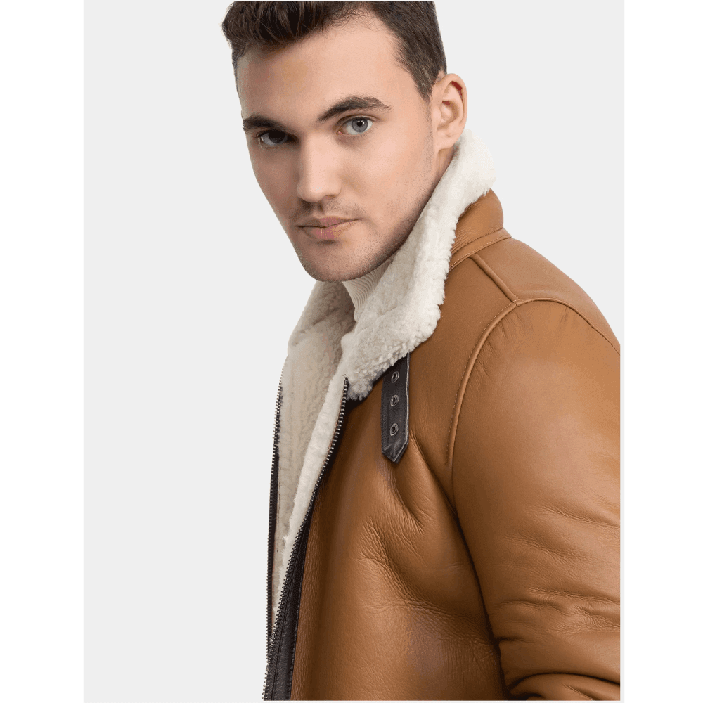 Classy Tan Leather Shearling Aviator Jacket - CoreFlexInd