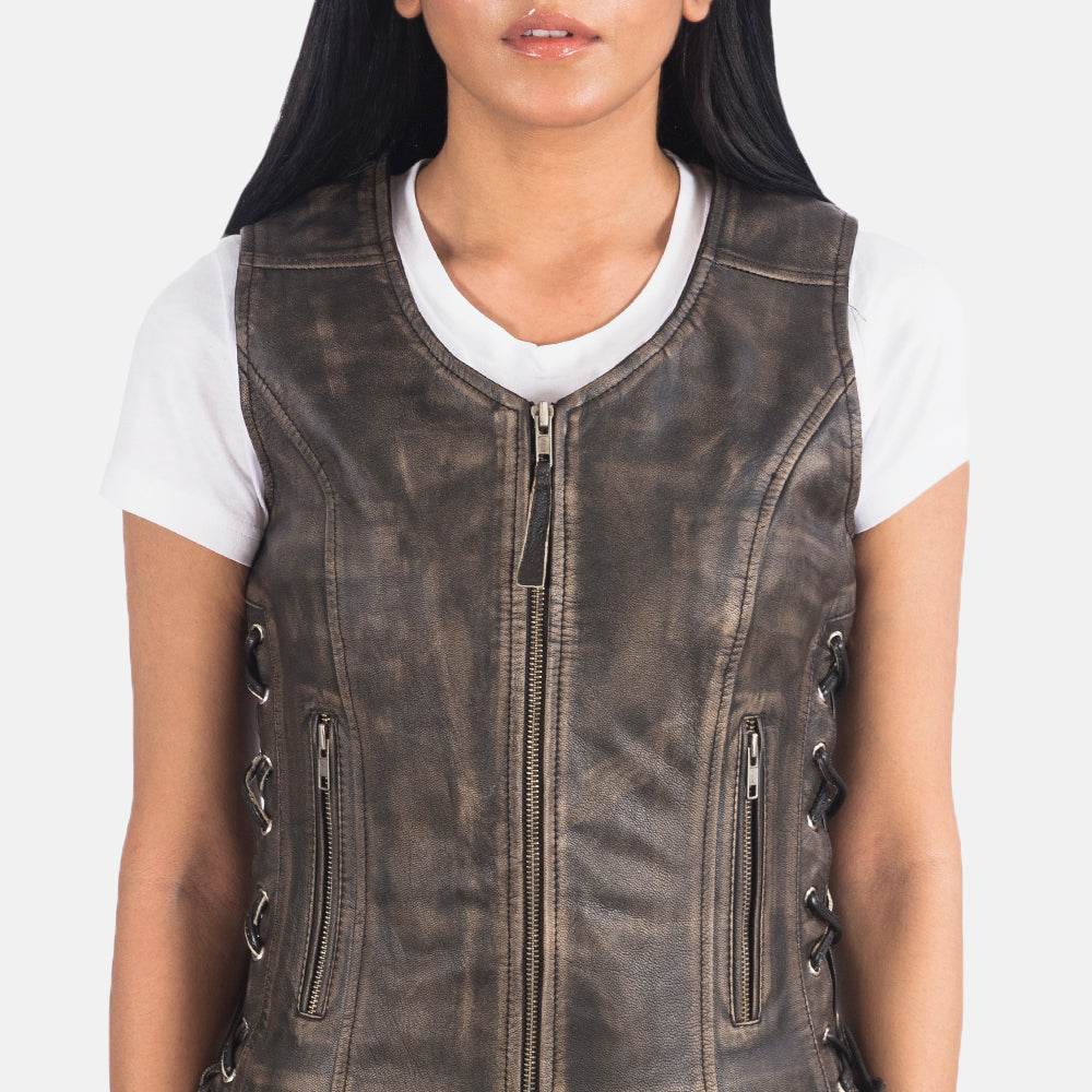 Distressed Brown Leather Biker Vest - CoreFlexInd