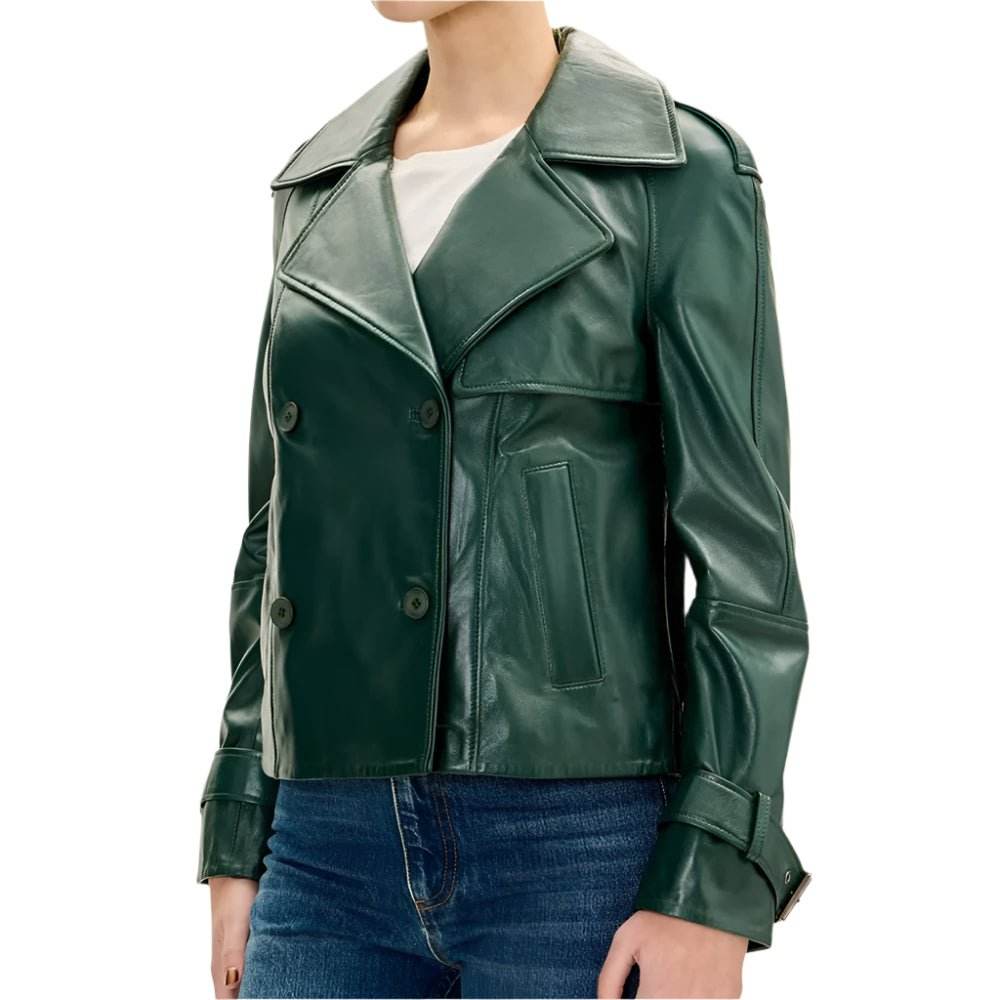 Lambskin Leather Double Breasted Short Trench Jacket - Green - CoreFlexInd
