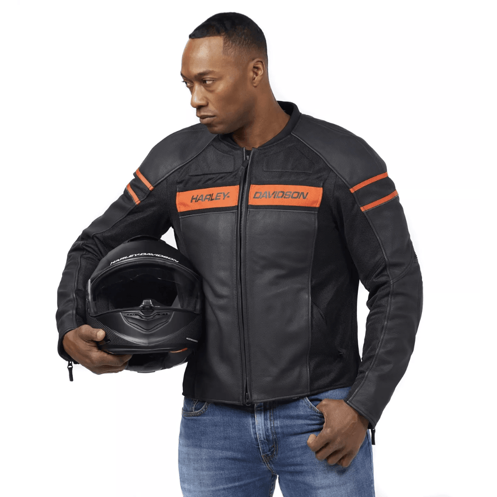 H-D Men's Leather Jacket Brawler Black and orange - CoreFlexInd