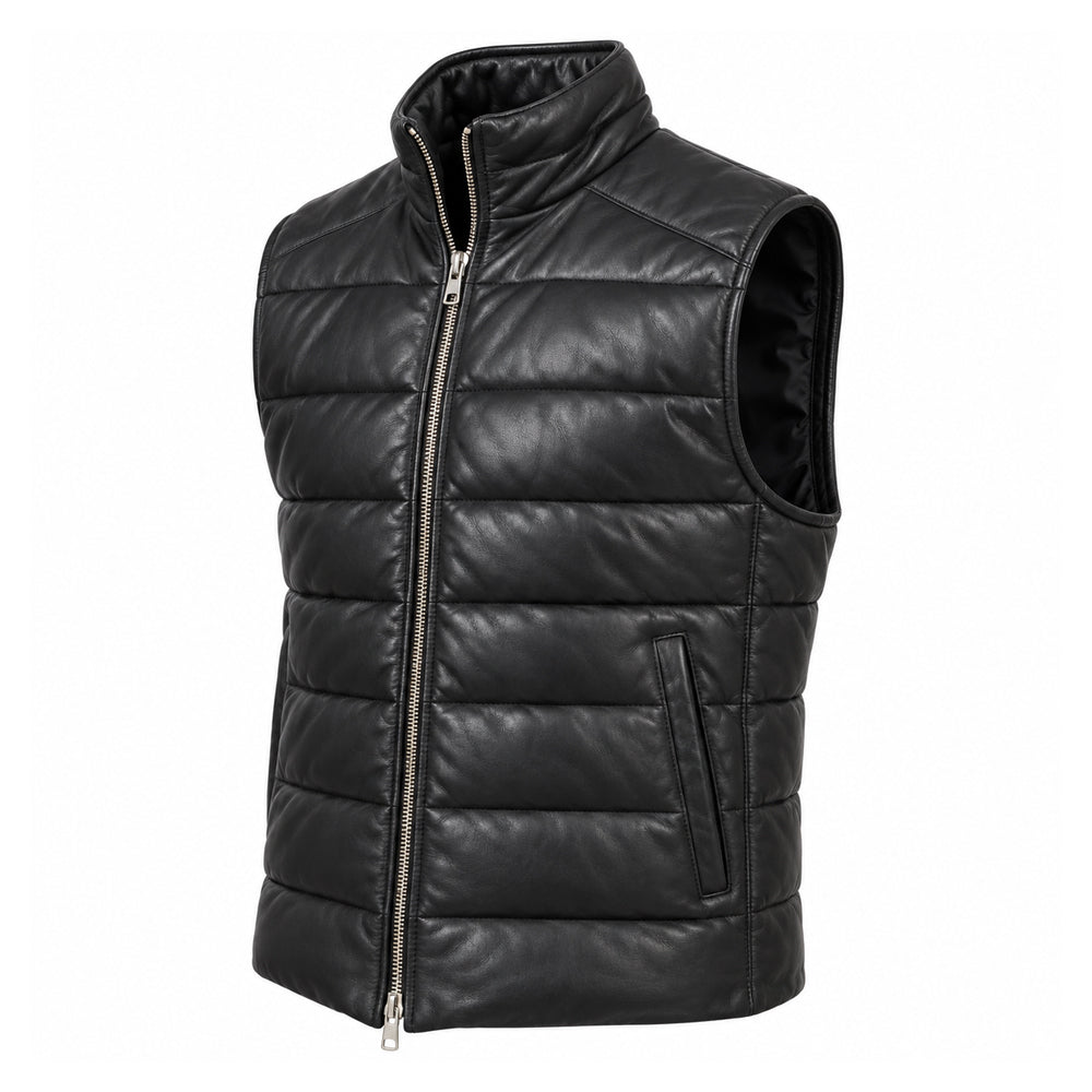Men’s black sheepskin leather quilted vest with zip front and two pockets