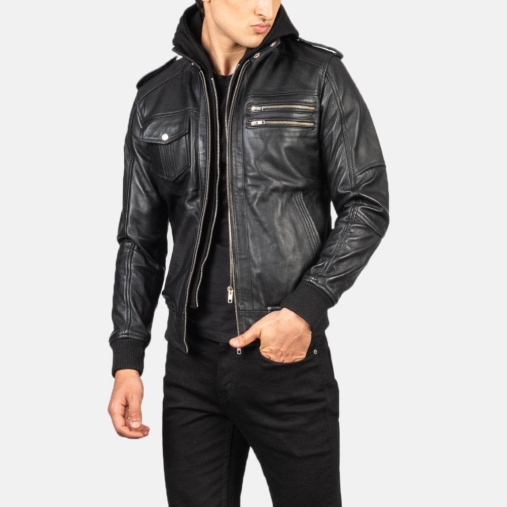 Bravado Black Hooded Leather Bomber Jacket - CoreFlexInd