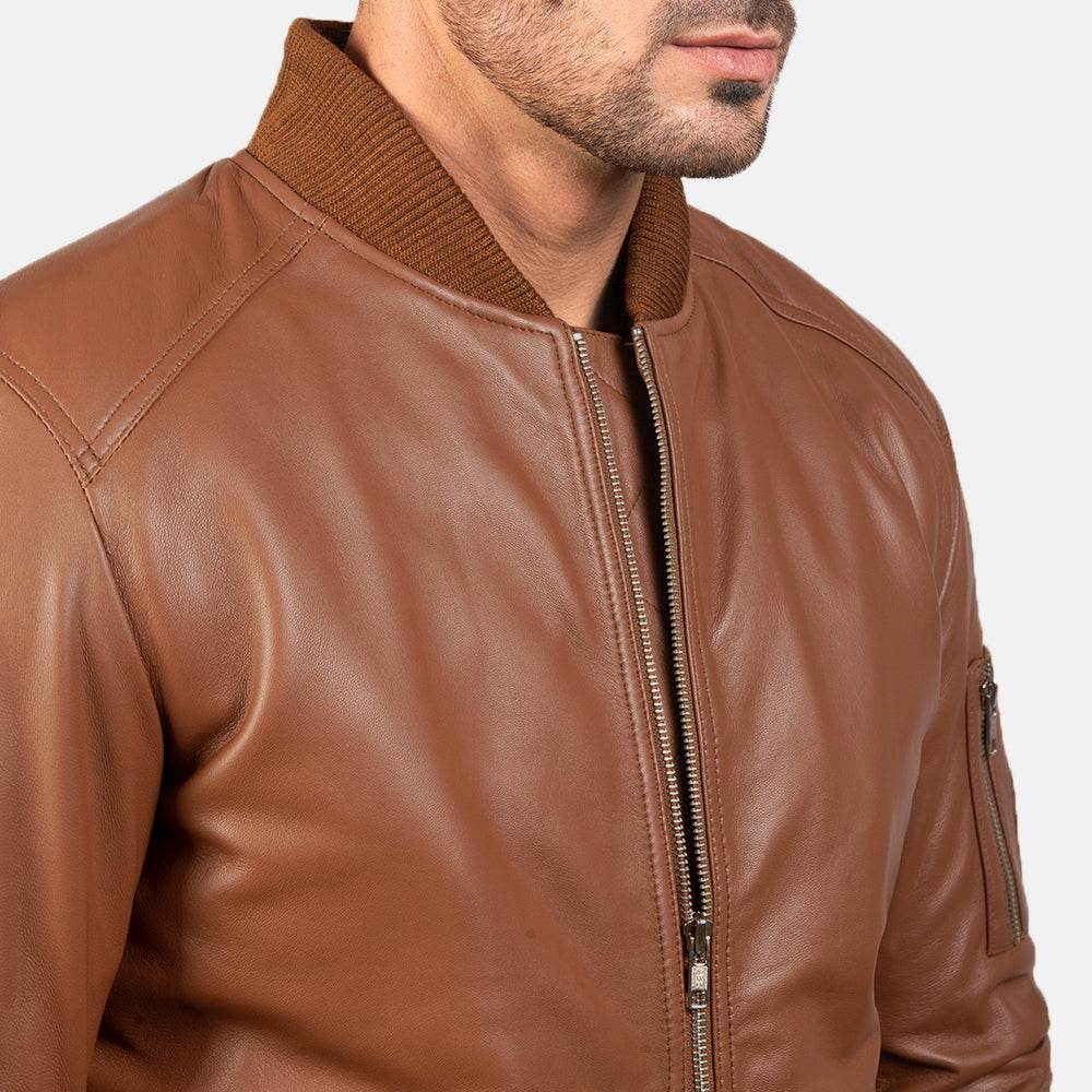 Men's Brown Leather Bomber Jacket - CoreFlexInd