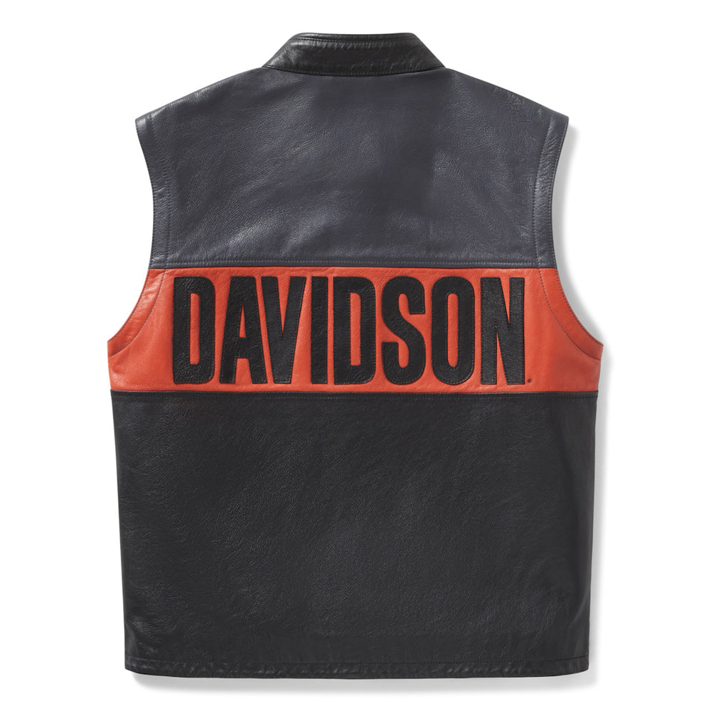 Mens genuine cowhide leather motorcycle vest with contrast leather details and two way zipper