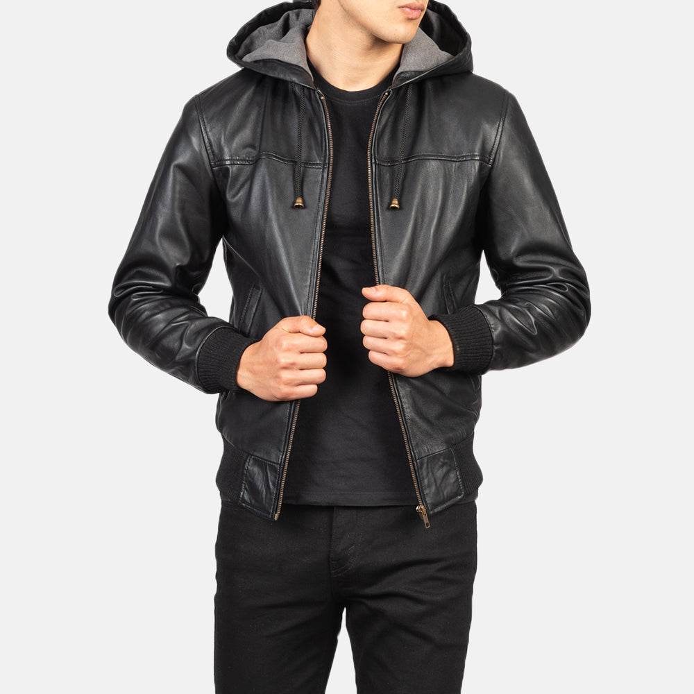 Nintenzo Black Hooded Leather Bomber Jacket - CoreFlexInd