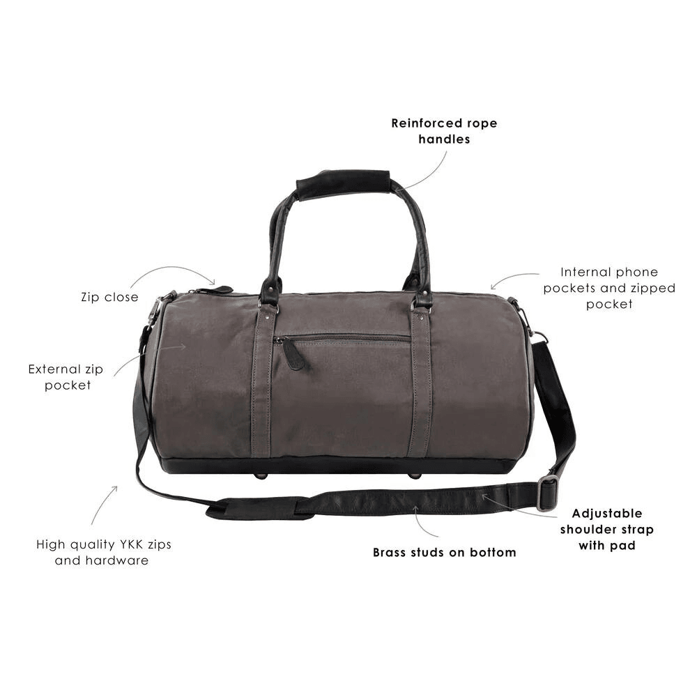 Premium Grey Canvas and Black Gym Leather Duffle Bag - CoreFlexInd