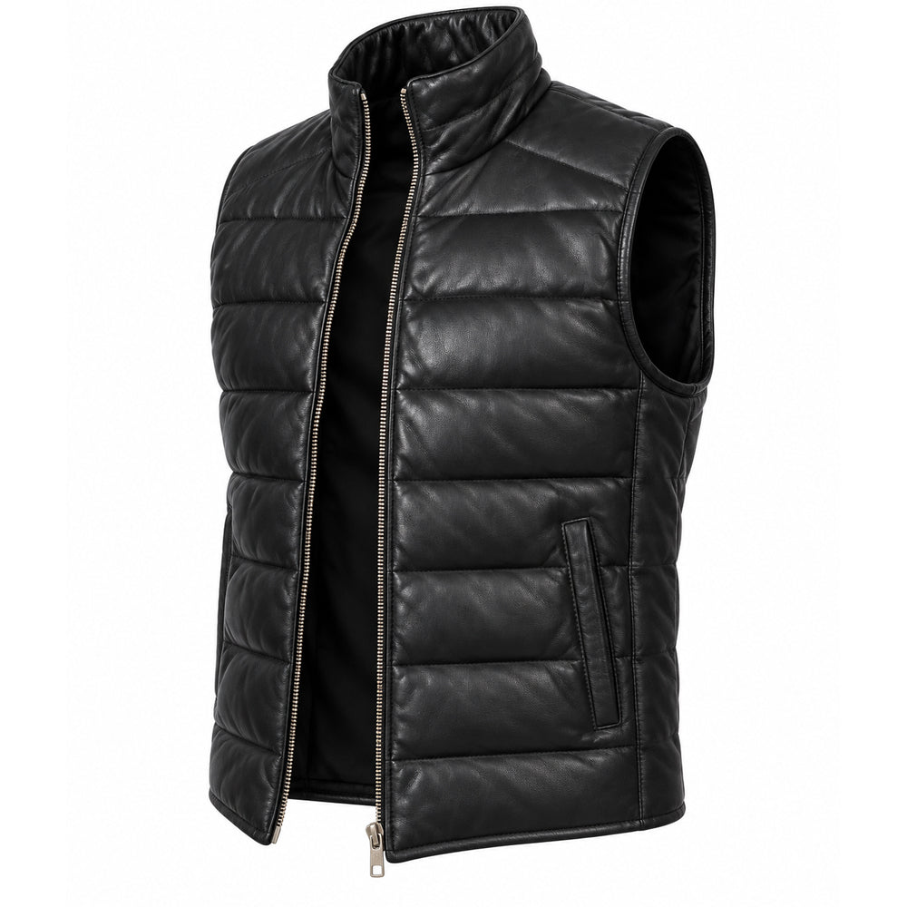 Reeves black leather puffer vest for men made from genuine sheepskin