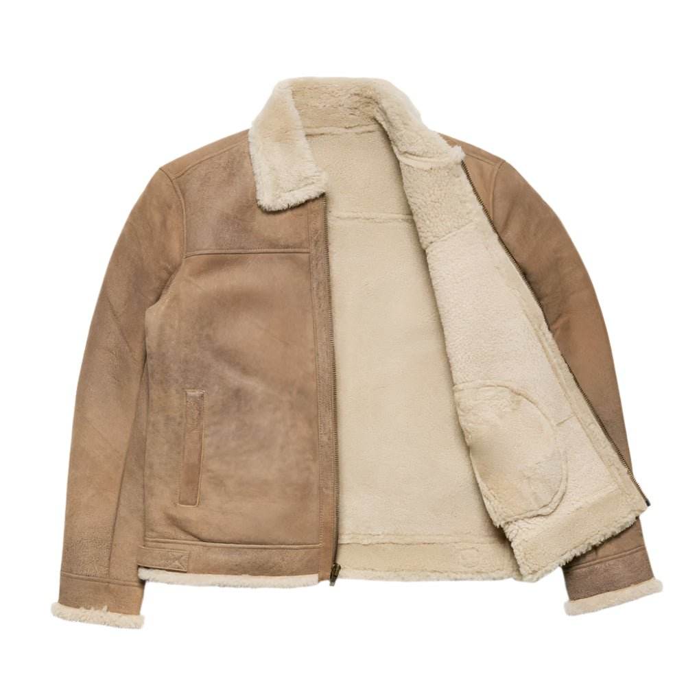 Sandstone Brown Shearling Leather Bomber Jacket - CoreFlexInd