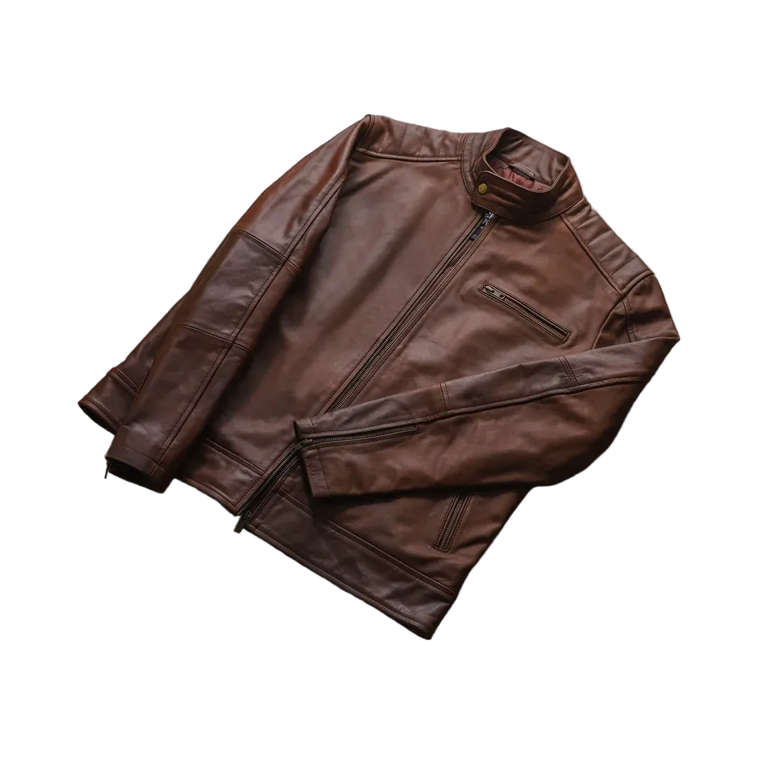 Men's Brown Leather Biker Jacket flat lay
