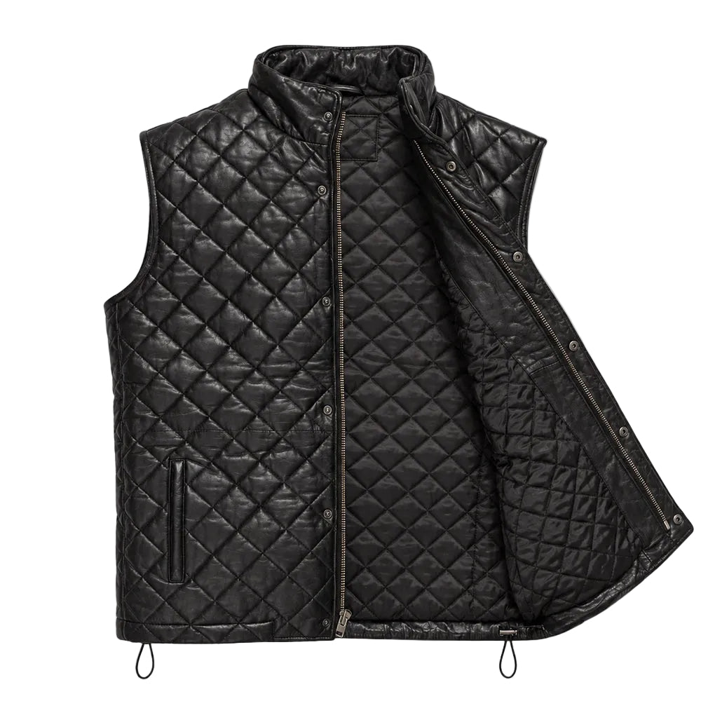 Men's black quilted leather vest made from genuine full-grain lambskin