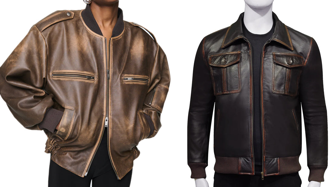 Brown Distressed Leather Bomber Jacket