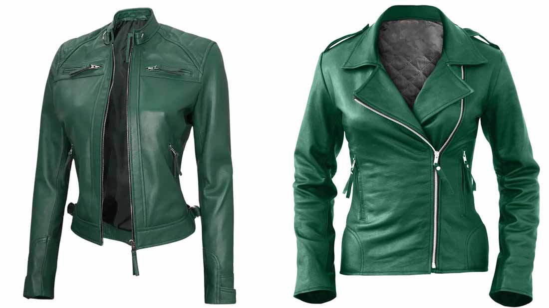 Women's Green Leather Biker Jacket - CoreFlexInd