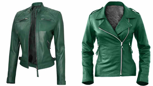 Women's Green Leather Biker Jacket - CoreFlexInd