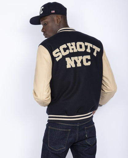 Stretch Wool Blend & Leather Varsity Jacket