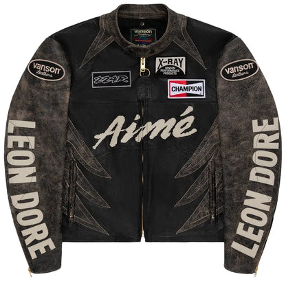 ALD Distressed Leather Moto Jacket Jet Black
