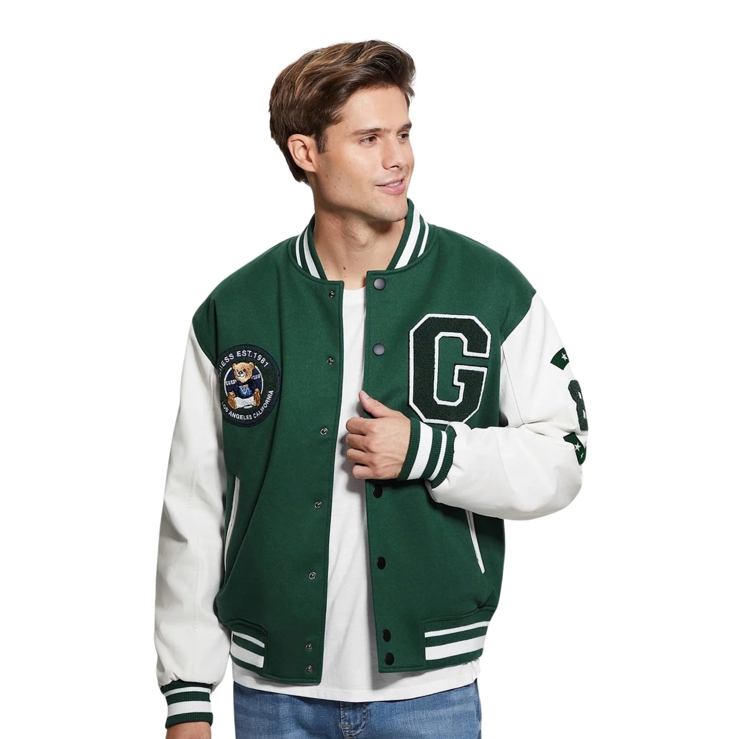 Chaqueta universitaria verde parcheada 