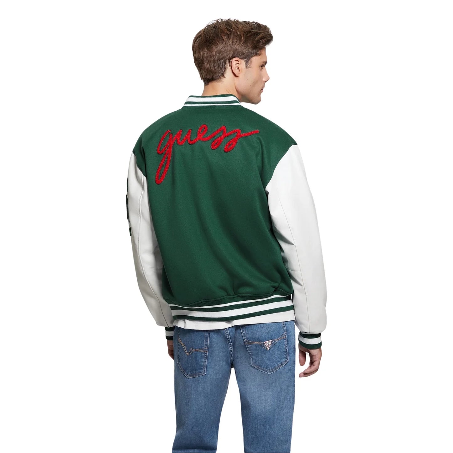 Chaqueta universitaria verde parcheada 