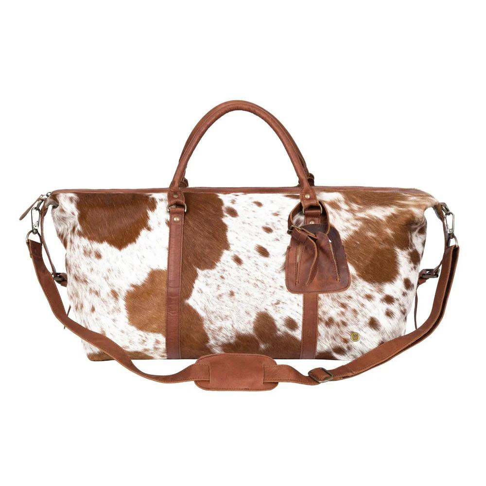 Brown and White Cowhide Leather Duffle Bag