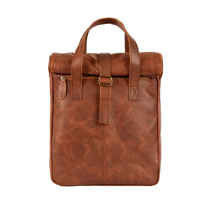 Brown Leather Vintage Style Roll Top Backpack