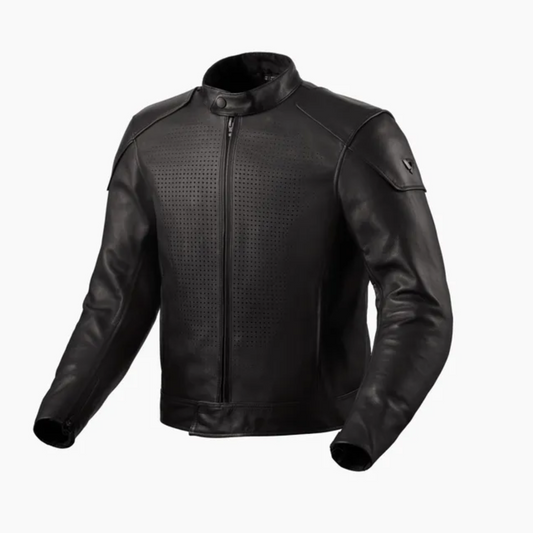 Ventilated, high-collar, Heritage-inspired leather jacket