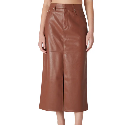 Women Brown Leather Midi Skirt