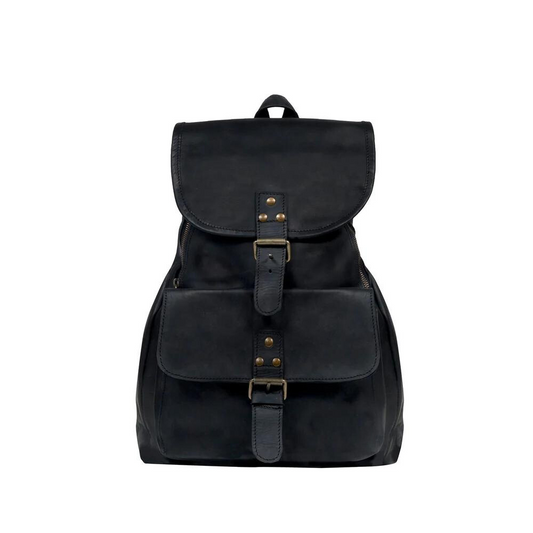 Women's Premium Leather Black Drawstring Backpack