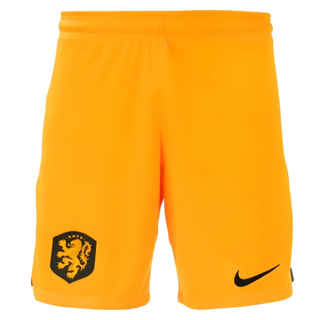 Orange shorts with a logo and Nike emblem on a white background