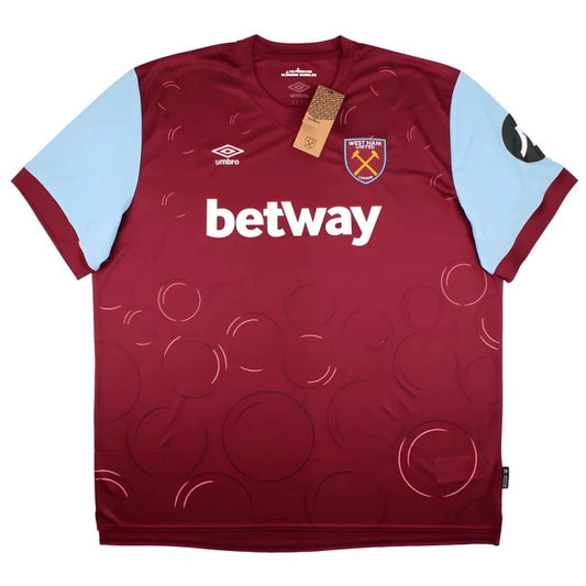 Maroon sports jersey with light blue sleeves and Betway logo, featuring West Ham United badge.