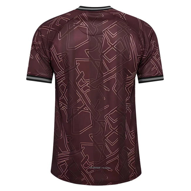 A short-sleeve athletic jersey shown from the back, featuring an abstract geometric line pattern in dark burgundy and maroon. The jersey has thin black and white striped trim on the collar and sleeve cuffs, set against a plain white background.