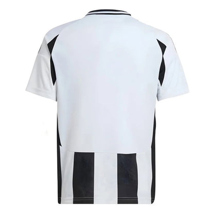 White short-sleeve soccer jersey shown from the back, featuring black side panel accents and bold black vertical stripes across the lower back.