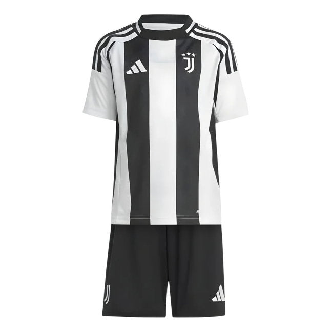 Juventus home soccer kit for kids, featuring a black and white vertically striped short-sleeve jersey with white Adidas logo and shoulder stripes, paired with black shorts with white Adidas logo.