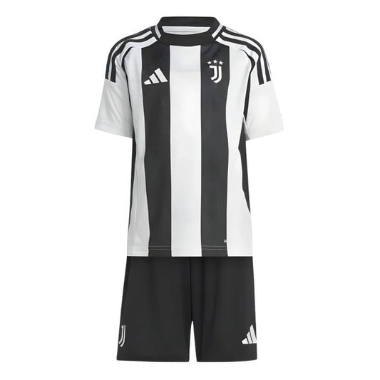 Juventus home soccer kit for kids, featuring a black and white vertically striped short-sleeve jersey with white Adidas logo and shoulder stripes, paired with black shorts with white Adidas logo.